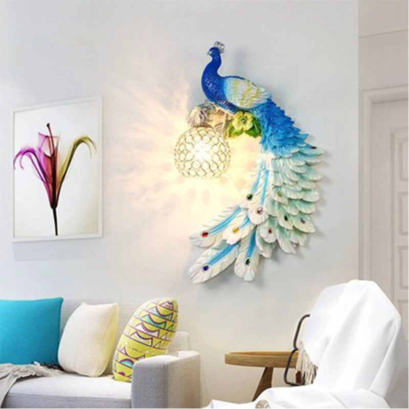 

Modern Crystal Wall Light Blue Peacock Fixture Resin Wall Sconce For Hotel Bedroom Bedside Dining Room Home Wall Lighting B287