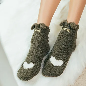 

Coral Fleece Funny Socks Cat Embroidery Home Slippers Cute Socks Seamless Terry Warm Breathable Floor Socks