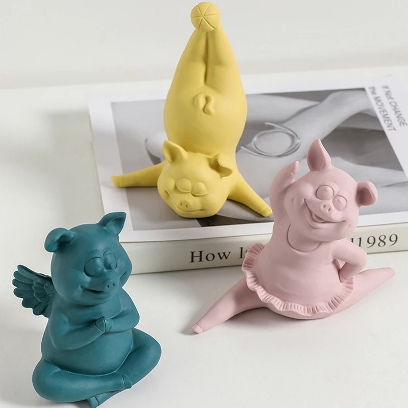 Ceramic Art Pig Yoga Statues Home Decoration Resin Animal Yoga