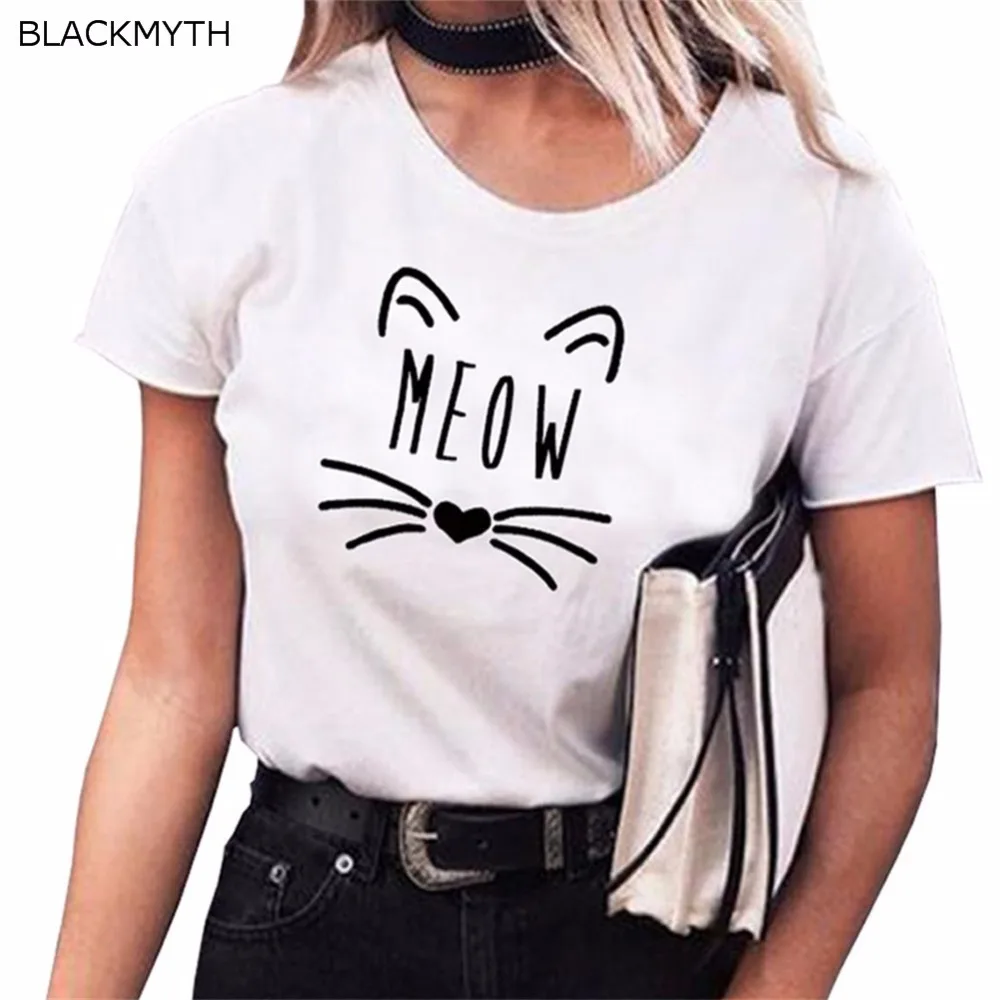 

BLACKMYTH MEOW Letters Printing Women Harajuku Loose T shirt Fashion Female Cotton Femme Newest Oversize Tee Shirt