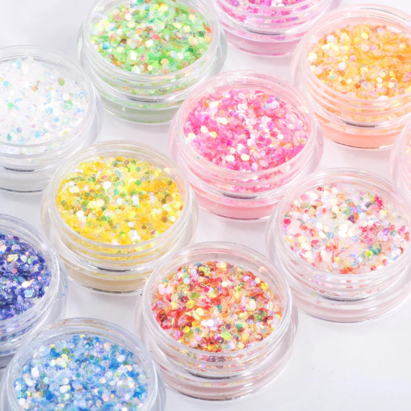 

1 Case Colorful Laser Hexagon Shape Chunky Glitter Nail Art Sequins 12 Colors Flakes Glitters for Face Body Eye Hair Decorations