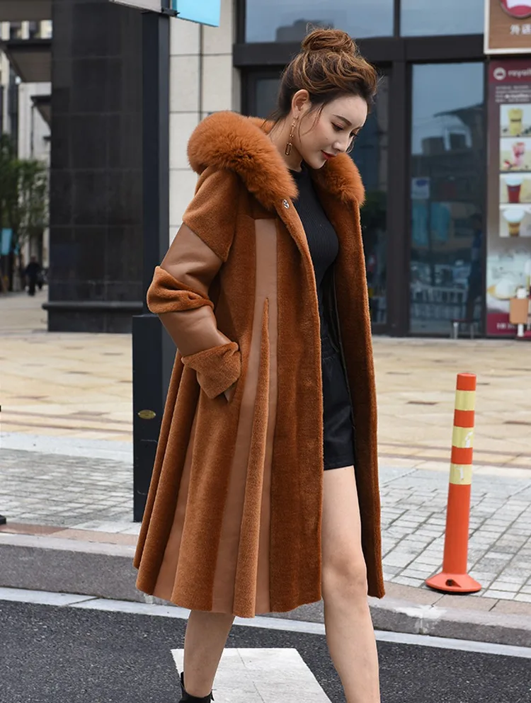 Женское длинное пальто из кожи и меха с натуральным лисьим мехом с капюшоном, большой размер, теплая длинная куртка из натуральной овечьей кожи, верхняя одежда