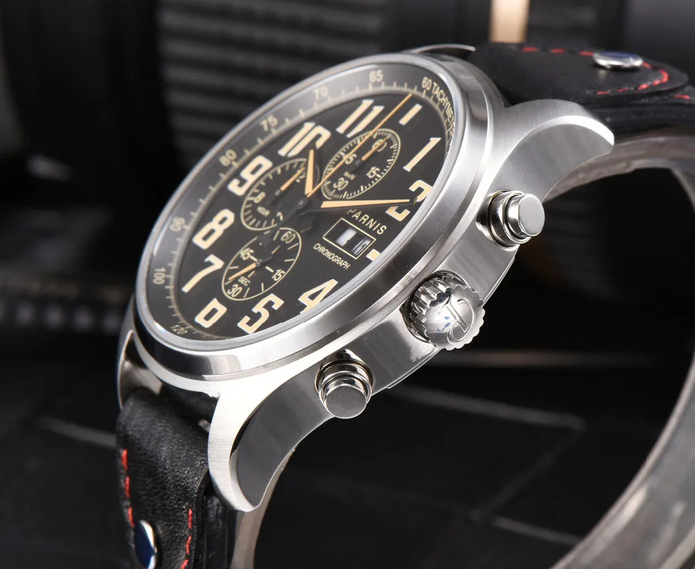 43 мм Parnis кварцевые часы аналоговый хронограф Datejust военные пилотные часы Дайвинг часы 100 м водонепроницаемые PA6052