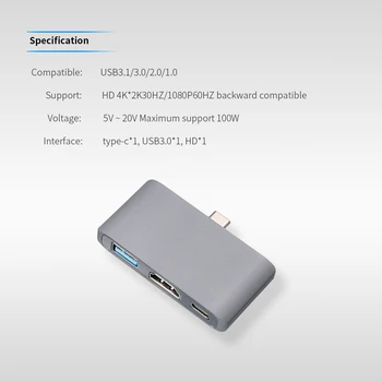 

Multi-port Adapter USB adapter Type-C to HD/USB3.1 3-in-1 Hub Converter 4K UHD Fast Data Transfer for Projector USB Driver