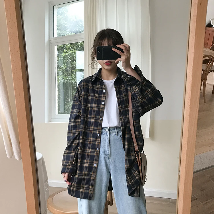  2 colors Autumn thick Plaid Shirt Blouse 2019 Korea College Loose Tops Fashion long Sleeve Loose Ca