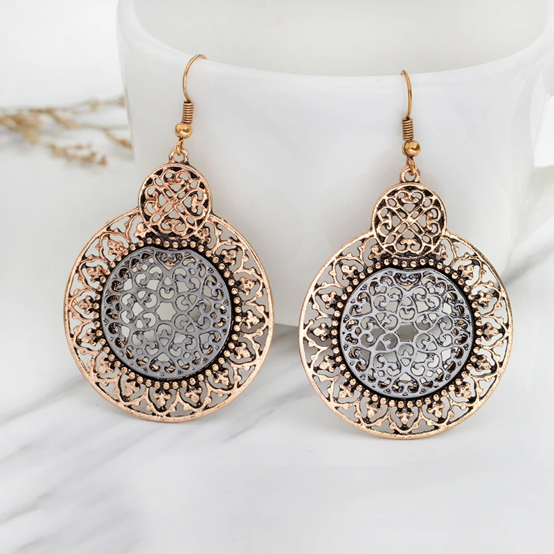 

Antique Bronze Carved Silk Pendant Earrings Gold and Silver Double Round Art Female Earrings Bohemian Party Jewelry