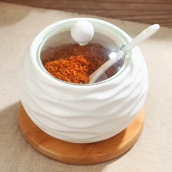 

Sugar Bowl Ceramic Cruet Spice Jar Bottles Salt Cans Kitchen Seasoning Box Condiment Box Storage Tank With Wood Cover R758