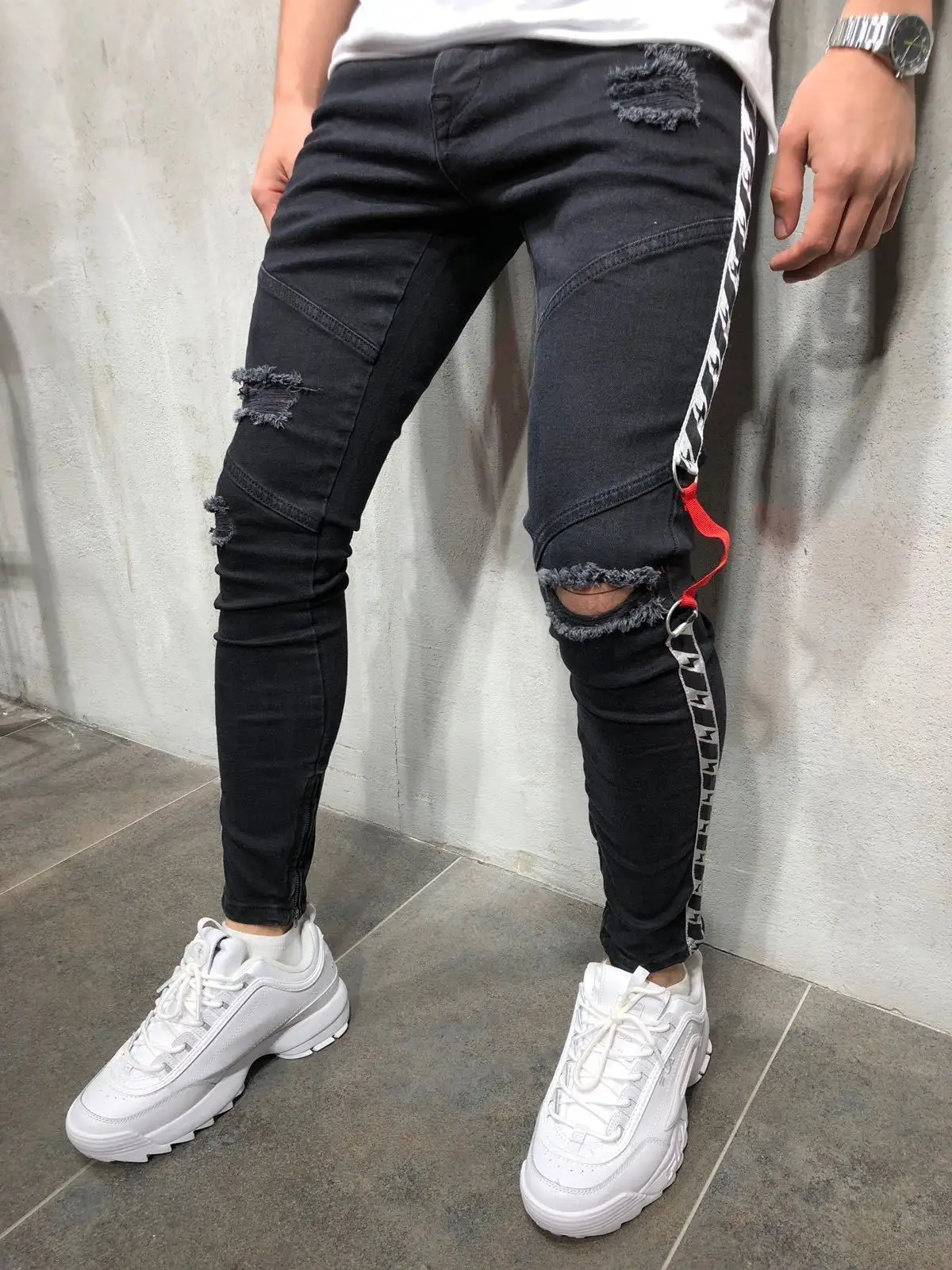 Мужские крутые дизайнерские брендовые черные обтягивающие джинсы с молнией на лодыжке, Стрейчевые облегающие штаны в стиле хип-хоп с боковой полосой