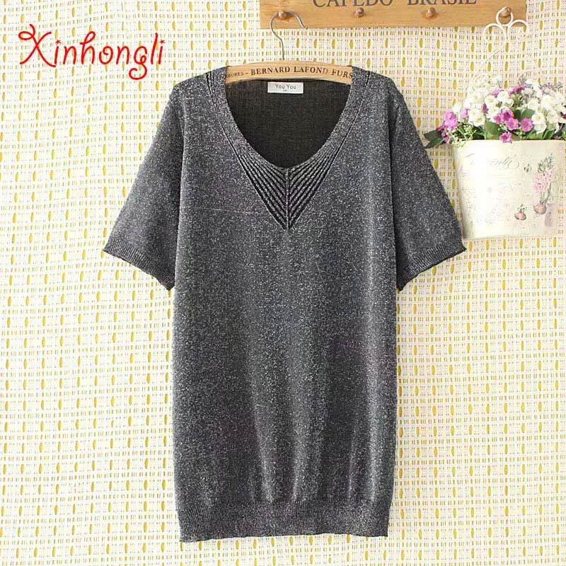 Черный Большие размеры, свободные эластичные женские футболки, летние повседневные женские футболки с круглым вырезом и люрексом, женские футболки больших размеров - Цвет: Черный