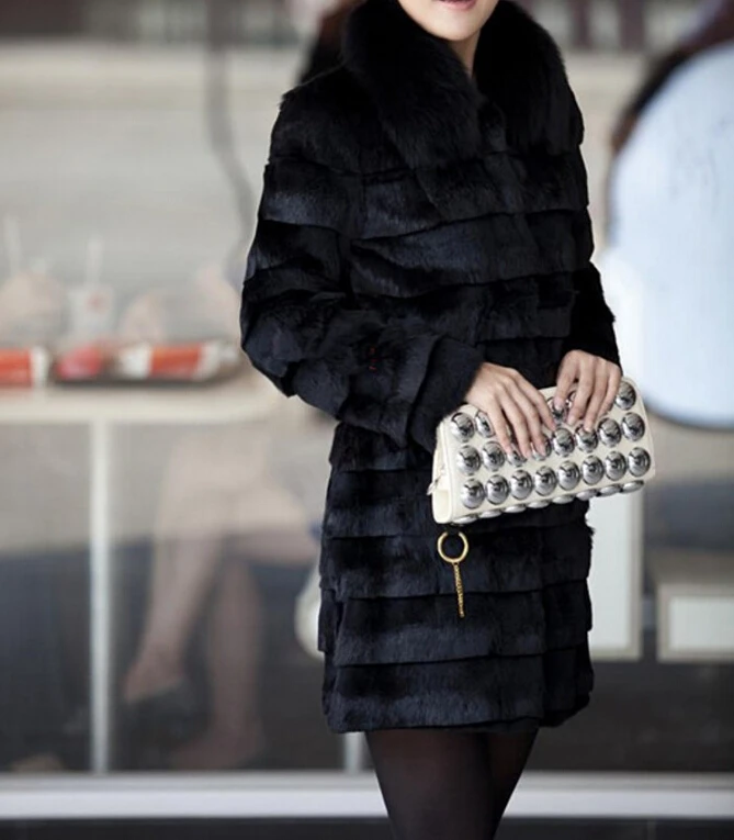 Luxury Big Real Fox Fur Collar Long Coat Stripe Nature Pure Genuine Rabbit Fur Jacket Factory Outlet Wholesale OEM Fur TFP963