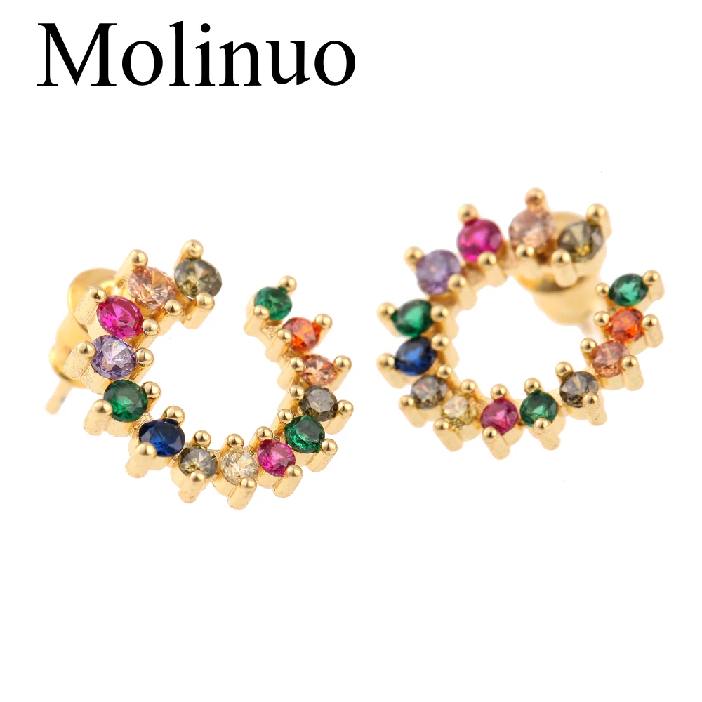 

Molinuo 15mm fashion stud earring Gold rainbow colorful cz circle hoops exquisite gorgeous european women geometric earring 2019