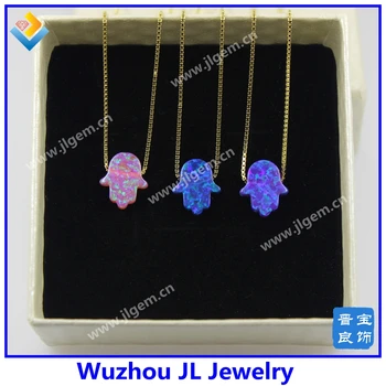 

(MOQ=1 PC) Hot Sale Gold Chain Necklace With Synthetic Opal 11x13mm Fatima Hamsa Pendant Necklace More Than 12 Colors To Choose