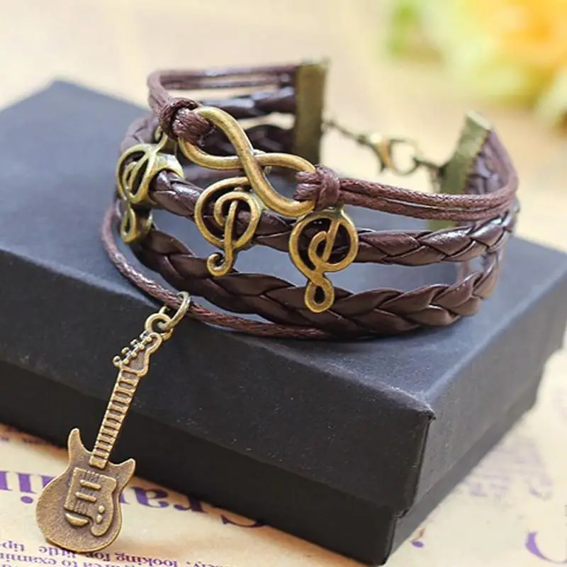 1Pcs Vintage Multilayer Leather Guitar Happy Music Note Punk Statement