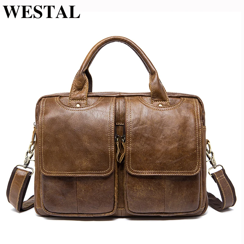 WESTAL الأعمال الرجال حقيبة حقيبة جلدية حقيبة لابتوب عارضة الرجال حقائب كتف جلد طبيعي أكياس الذكور رجل حقائب اليد