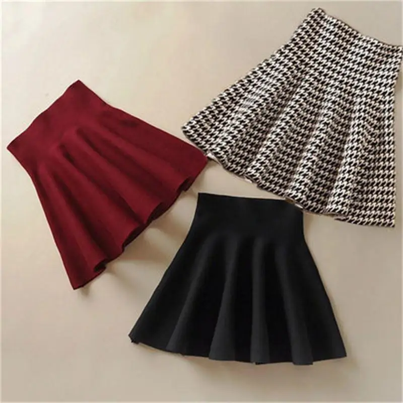 

2019 Spring Autumn High Waist Knitted Skirts Women Pleated mini Skirt Casual Elastic Flared Skirt Female Short Skirt Woman