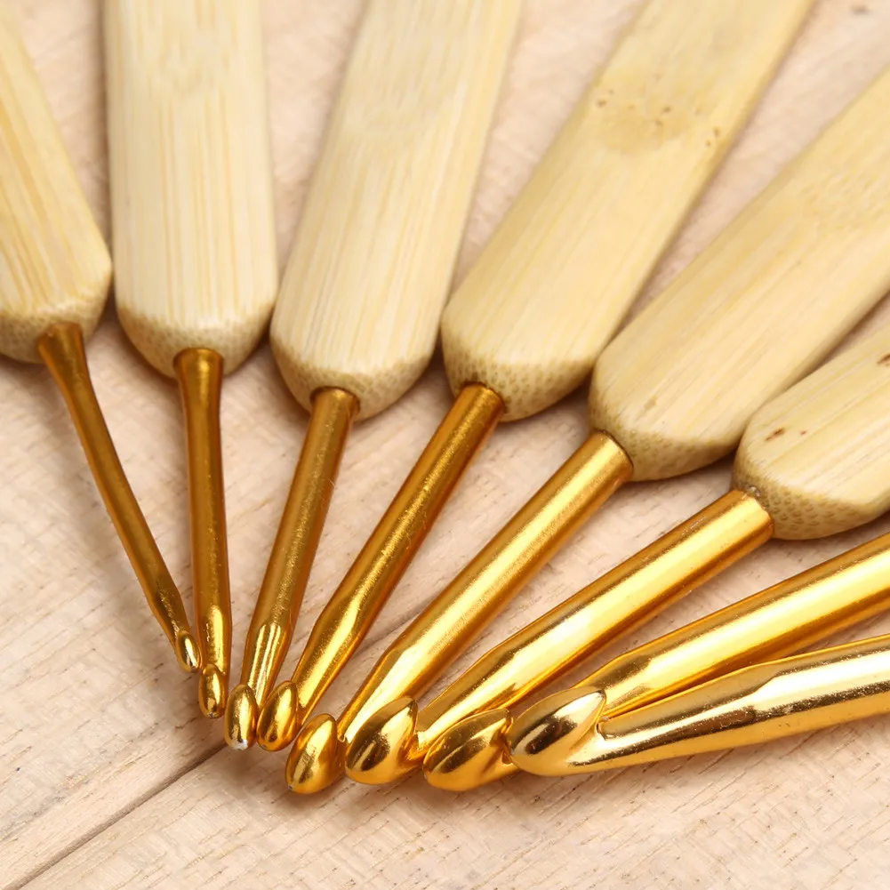8 шт., 8 размеров, бамбуковые ручки, золотые Алюминиевые крючки для вязания крючком, гладкие иголки, швы, чехол для вязания, набор для вязания крючком 2,5-6 мм
