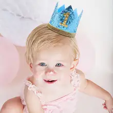 Мальчики девочки синий первый день рождения шляпа принцессы корона номер 1st От 2 до 3 лет Детские вечерние шляпа Блеск День рождения детей оголовье подарки