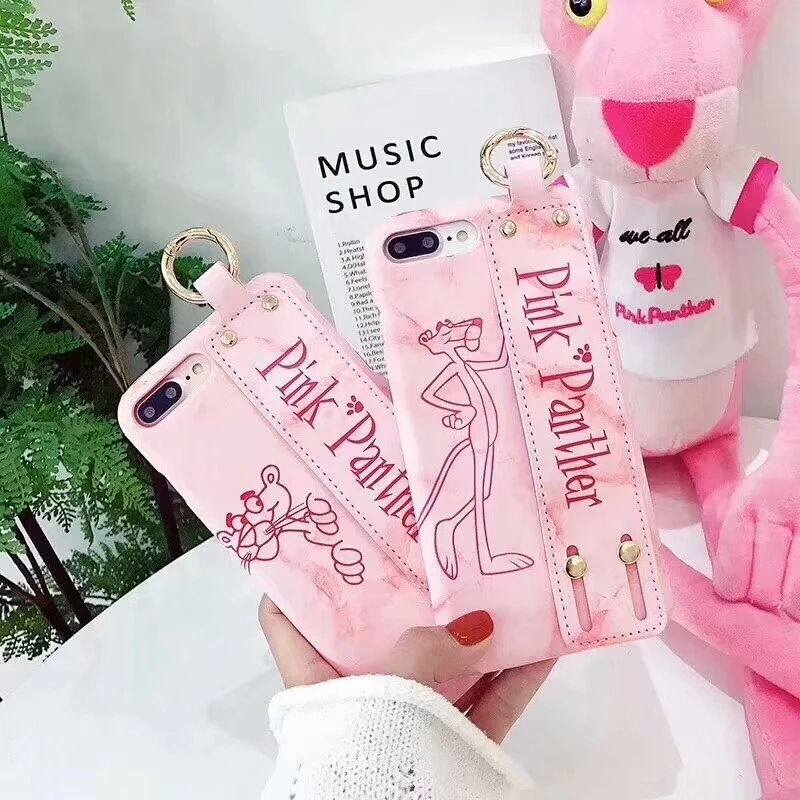 

Luxury Pink Panther Authentic Brands Wrist Strap Phone Case For iPhoneX 7 8 6 6S Plus PU Leather Bracket Case Hard Back Cover