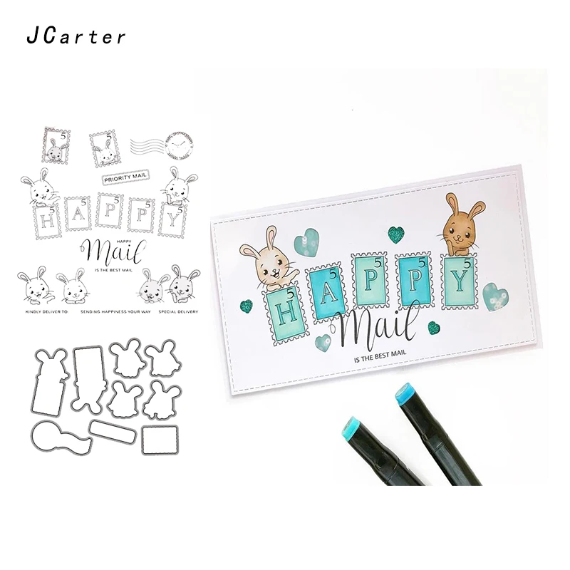 

JC Rubber Stamps and Metal Cutting Dies for Scrapbooking Craft Die Cut Rabbit Happy Mail Stamp Card Making Stencil Album Decor