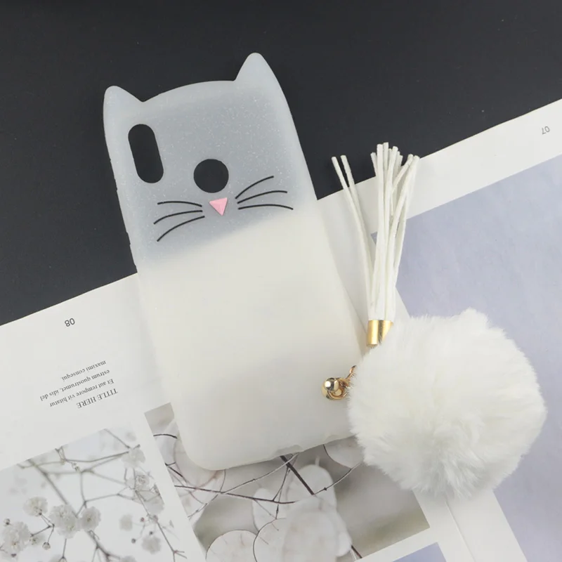 Милый силиконовый чехол с 3D рисунком для Huawei Honor 10i, японские блестящие Чехлы для телефона с изображением бороды, кошки, милых ушей, котенка - Цвет: HuxuClear With Ball