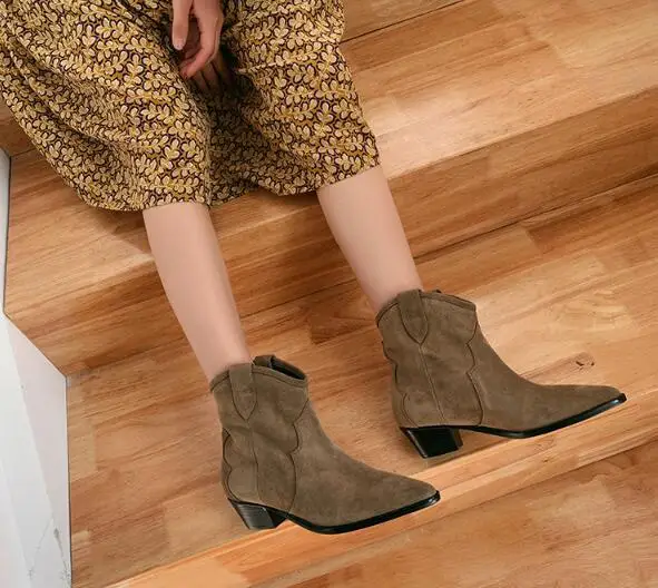 

Prowow New Genuine Leather Sexy Pointed Toe Cowboy Women Boots Slip On Thick Heel Ankle Boots Shoes Women Motorcycle Boots
