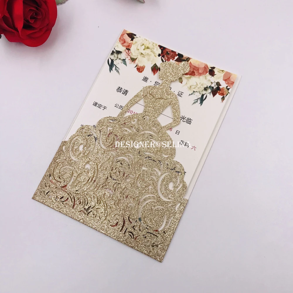 

2019 Rose Gold Glitter Laser Cut Quinceanera Invitations, Sweet 16th Birthday Invite, Rose Wedding Invitation Cards