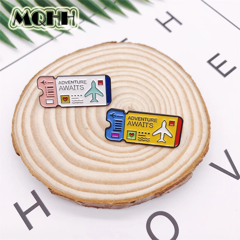 

Creative Cartoon Airline Ticket ADVENTURE AWAITS Aircraft Love Enamel Brooch Alloy Badge T-shirt Bag Pin Accessories Jewelry