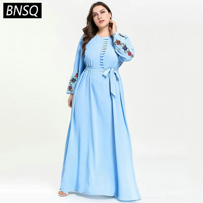 BNSQ Office ladies Maxi Long Dress Light Blue Plus Size Floral Embroidery Muslim Dresses lace Slim Sash Women Clothes Fall 2019