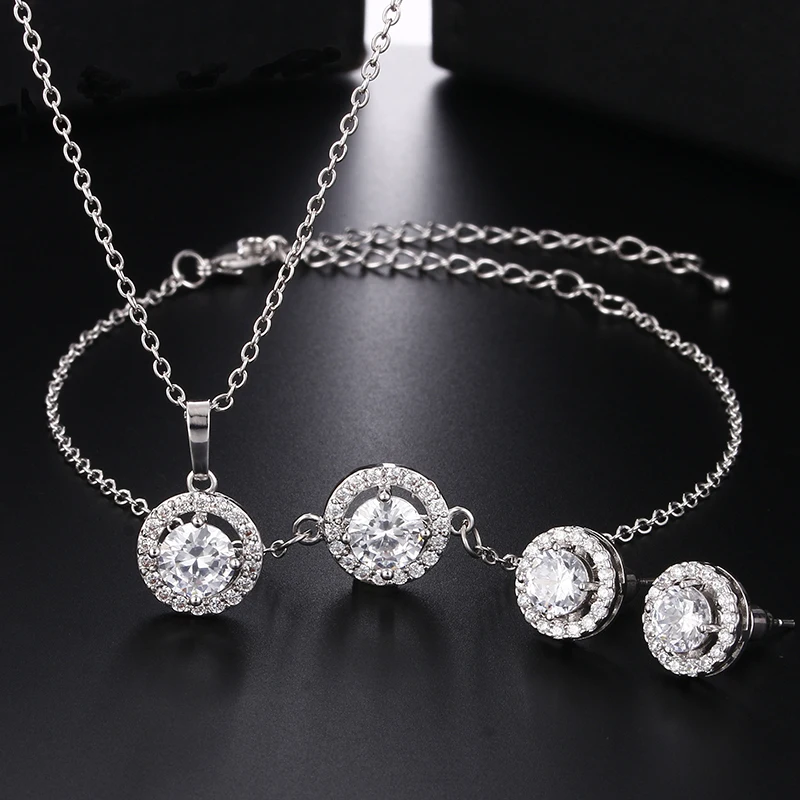 Классические круглые циркониевые серьги браслет и ожерелье Ювелирные наборы для женщин Серебряный Цвет Нигерийский свадебный ювелирный набор AS158