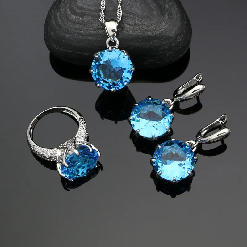 

Sky Blue Cubic Zirconia 925 Sterling Silver Jewelry Sets For Women Wedding Accessories Earrings Ring Pendant Necklace Set