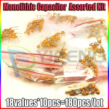 18values* 10 шт. = 180 шт. освинцованный бескорпусный многослойный/монолитный керамический конденсатор поверхностного монтажа 20pF~ 1 мкФ, керамический конденсатор с алюминиевой крышкой смешанный набор