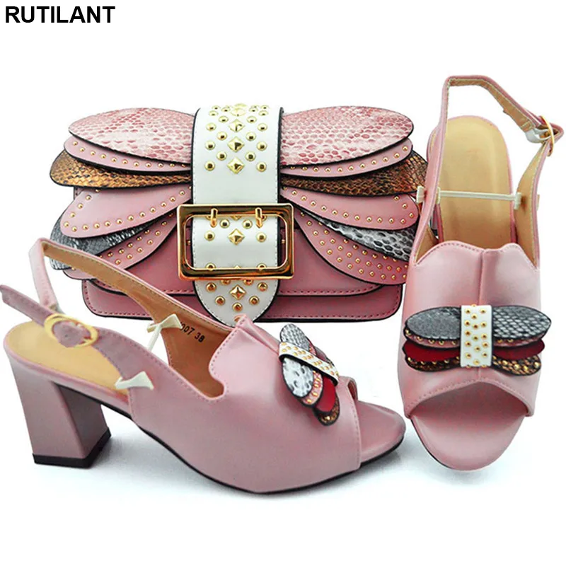 

New Arrival Women Shoes and Bag To Match Set Italy Nigerian Women Wedding Pumps with Purse Block Heel Shoes Luxury Sandals Women