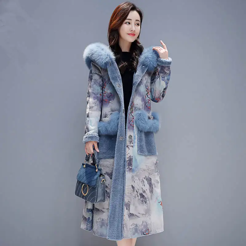 

Print Suede Cotton Winter Jacket Women Warm Long Parkas Hooded Fur Collar Parka Women Overcoat Plus Size Cotton Coat Women C5623