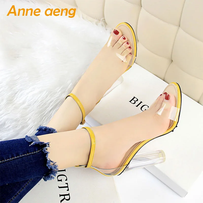 

2019 New Summer Women Sandals High Square HeelCrystal Buckle Cover Heel Fashion Sexy Ladies Women Shoes Yellow High Heel Sandals