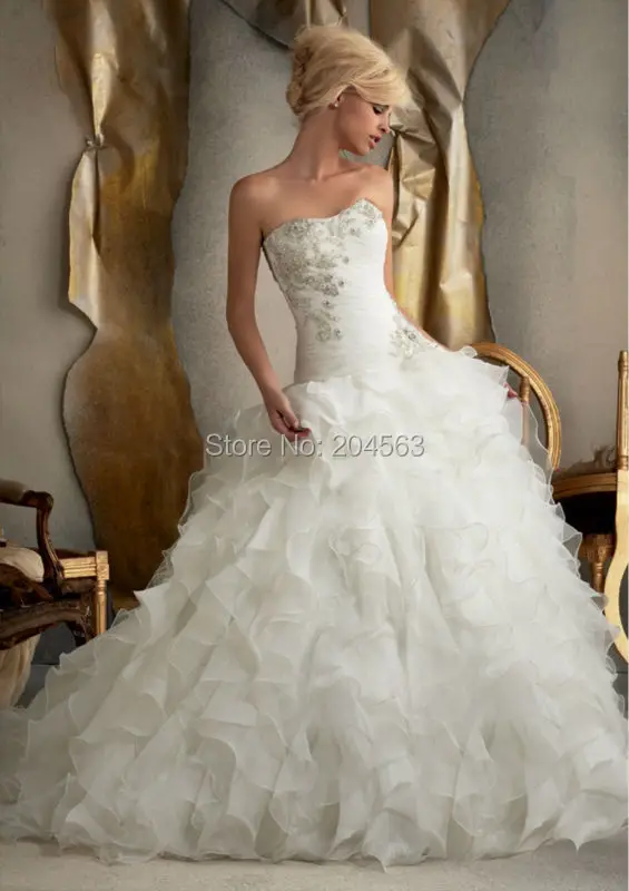 

Free Shipping Custom Best Seller Quality Luxury White Beaded Ruffle Organza Ball Gown 2015 Wedding Dress