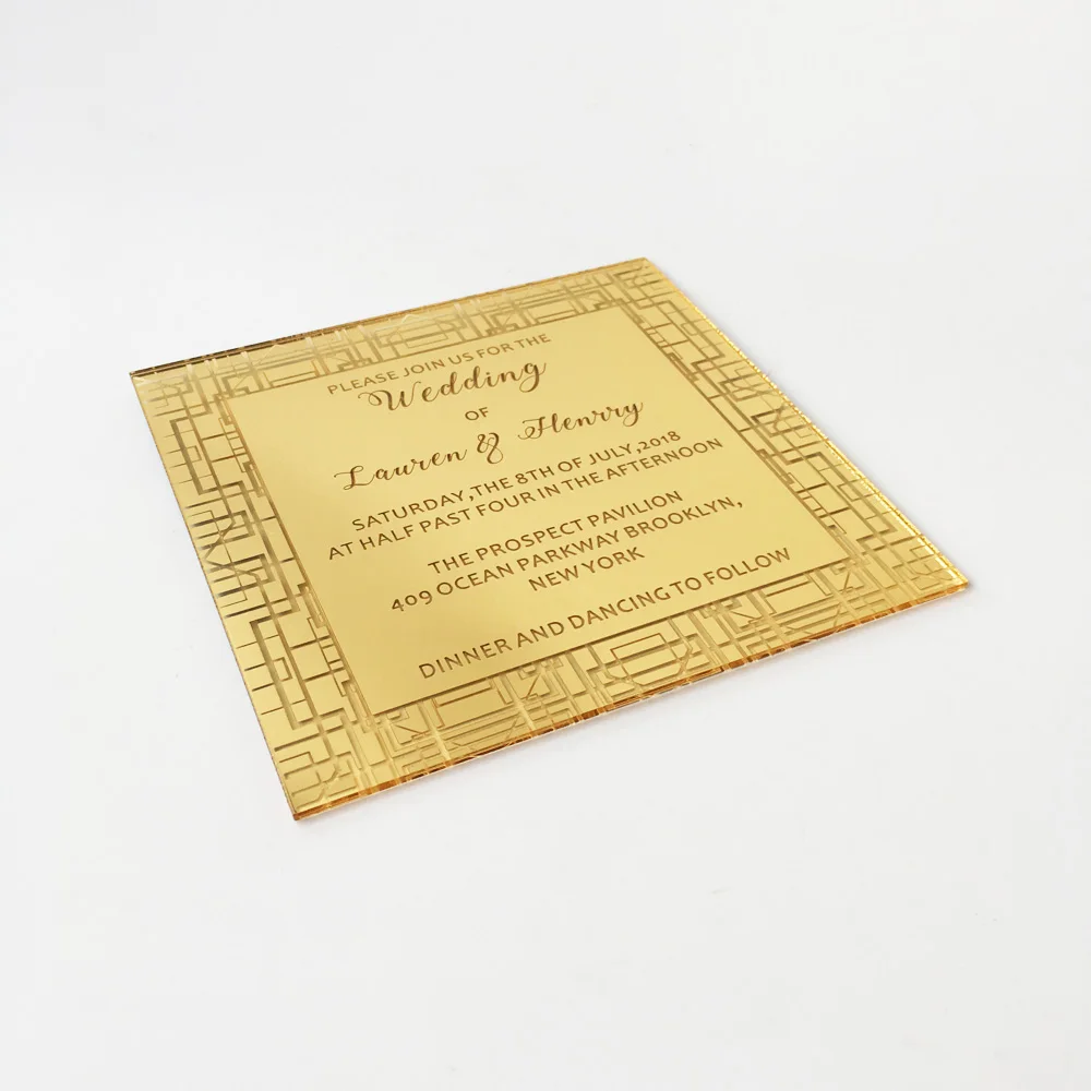  Luxury Square Shape 150x150mm Engraved Golden Mirror Acrylic Wedding Invitation Card 100 Sets Per L - 32830675847