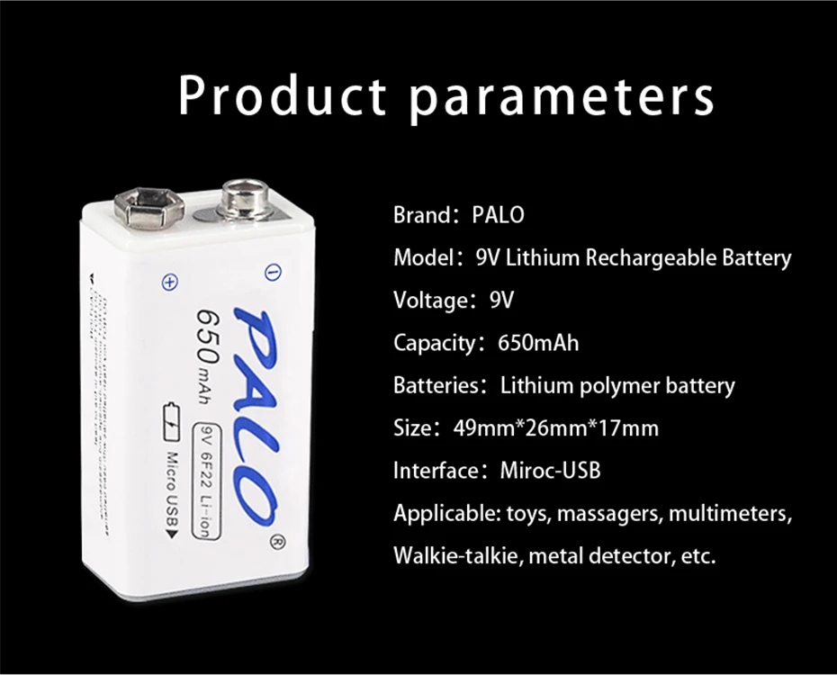 PALO 9V литий-ионный 650mAh USB Перезаряжаемый 9V Lipo аккумулятор RC аккумулятор для микрофона RC камера Дрон аксессуары с коробкой