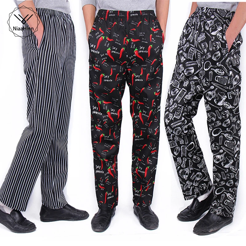

Breathable Chef pants striped trousers white black chef clothing special tooling elastic waist chef work pants for men and women