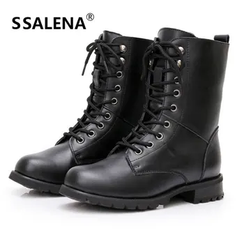 

Big Size Eu44 Women Motoocycle Boots Lovers Lace Up Flat Boots 2020 Fashion Unisex Autumn Winter Mid Calf Boots B259