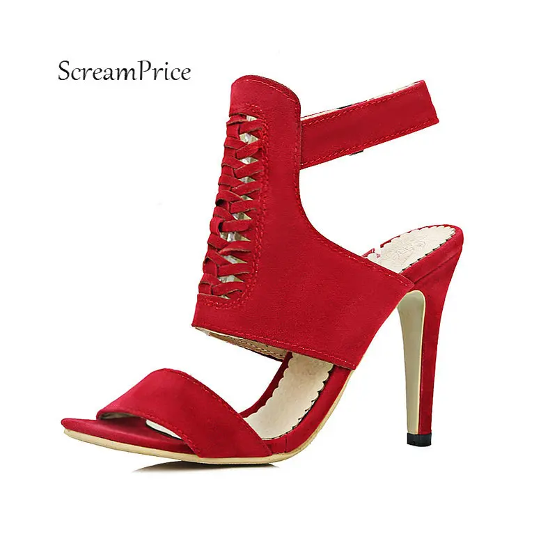 

Ladies Flock Buckle Strap Thin High Heel Sandals Fashion Dress Summer Shoes Black Red Army Green