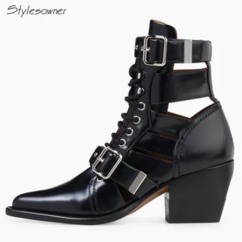 

Stylesowner Sexy Brand 2018 Ankle Boots Big Buckle Lace Up Boots Real Leather Hollow Out Fashion Show Shoes Laces Chunky Heels