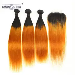 Модные queen бразильские прямые натуральные волосы Weave 3 Связки с 4*4 синтетическое закрытие шнурка волос 1B оранжевый цвет Remy натуральные