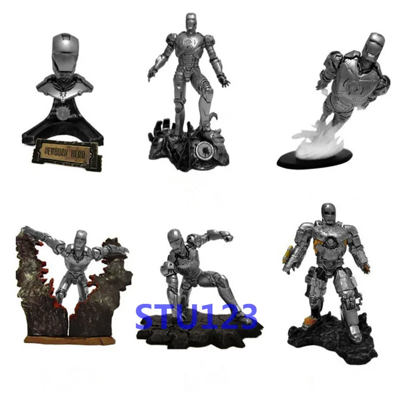 

6Pcs/Set The Avengers Iron Man MARK 3 Scenes Half body statue Hidden version Silver version PVC Model Toy Boxed N849