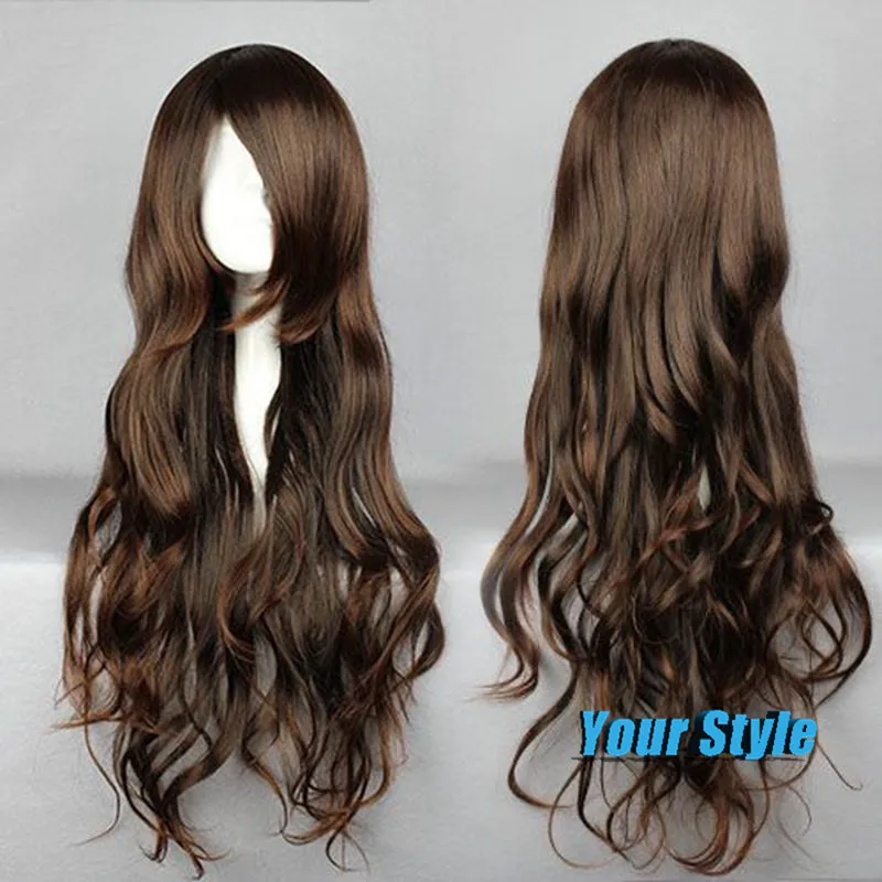 65cm Long Layered Hairstyles Wavy Curly Brown Hair Wigs With Bangs