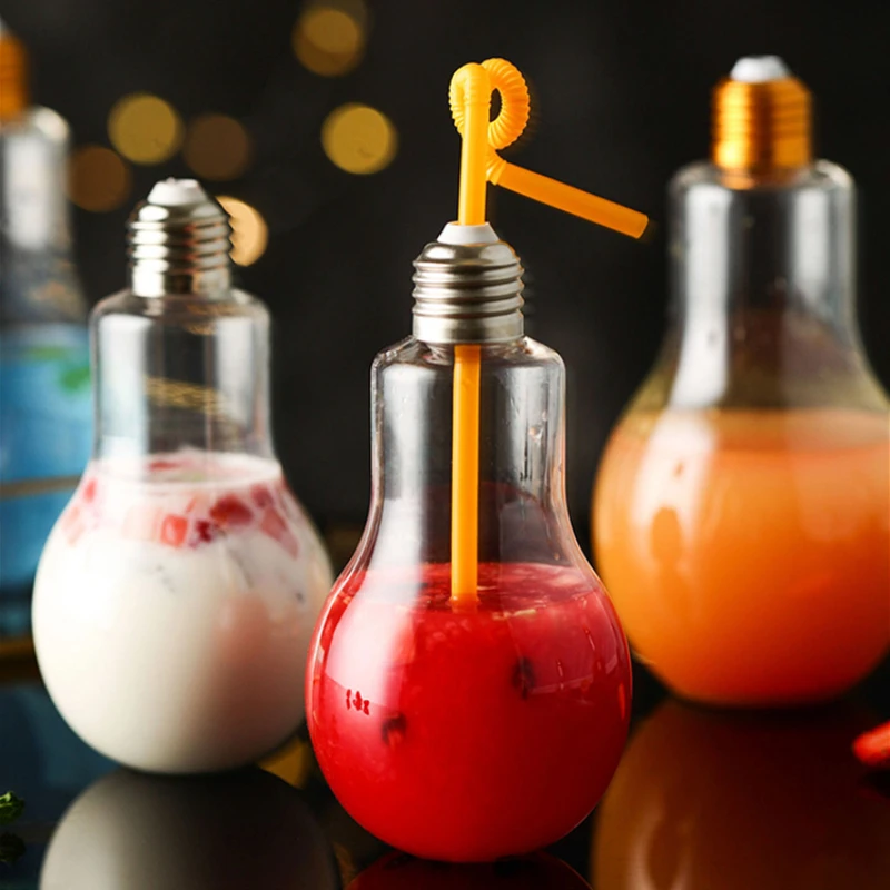 

Creative water bottle Leakproof portable with straw water bottle Transparent juice milk tea bottle Light bulb plastic kettle