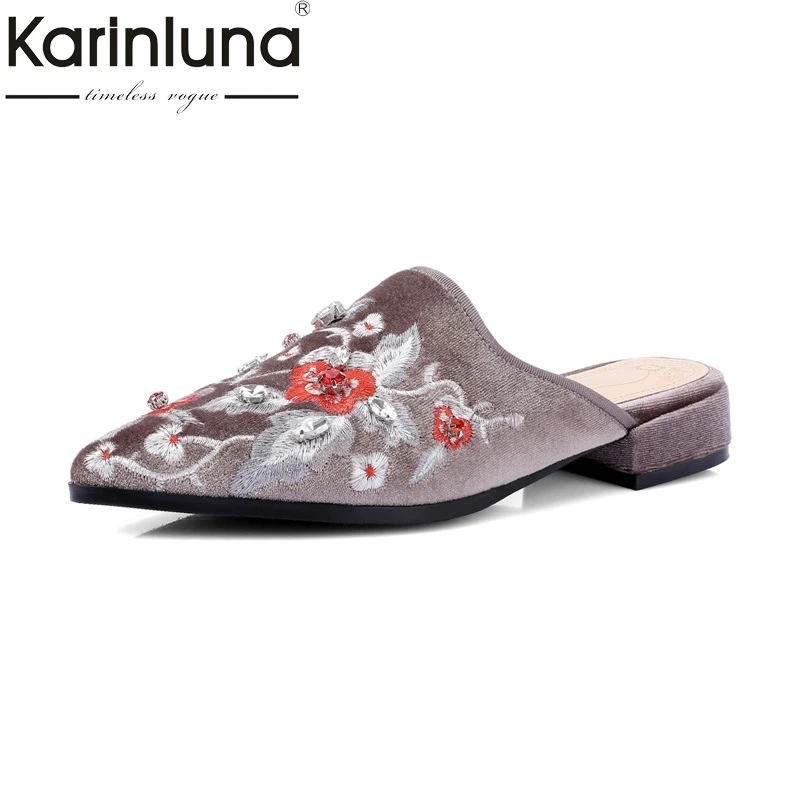 

KarinLuna Women's Flower Embossed Velvet Upper Summer Shoes Woman Sexy Pointed Toe Comfortable Slippers Size 34-42
