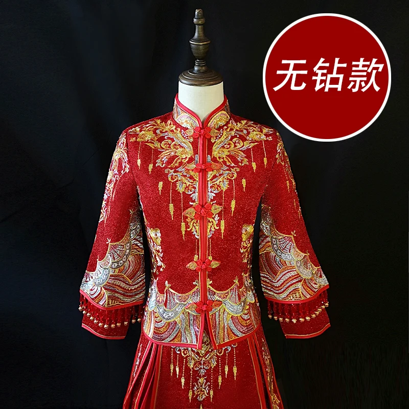 Красный особенный Мода китайский невесты свадебное платье Золотой cheongsam вышивка Женский Золотой демисезонный Qipao Плюс размеры
