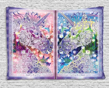 

Unicorn Tapestry Two Myhtical Horses Facing Each Other Floral Ornament Framework Birds Spring Nature, Wall Hanging for Bedroom