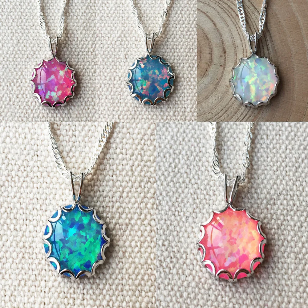 

Nice Special Round Blue / Pink / White / Red Fire Opal Pendant Necklace