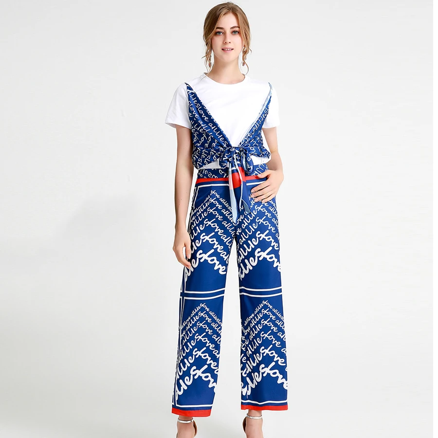 

SEQINYY Runway Set 2020 Summer Spring New Fashion Bow Patchwork White T shirt + Loose Pants Letter Print Blue Causal Suit